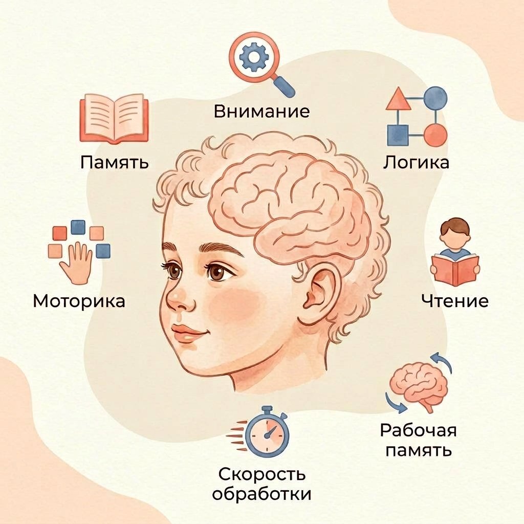 Голова ребёнка с иконками когнитивных функций
